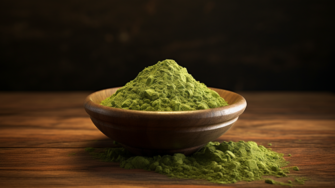 Kratom powder in and next to a wooden bowl